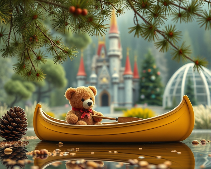 pinecone, castle, canoe, yellow, teddy bear